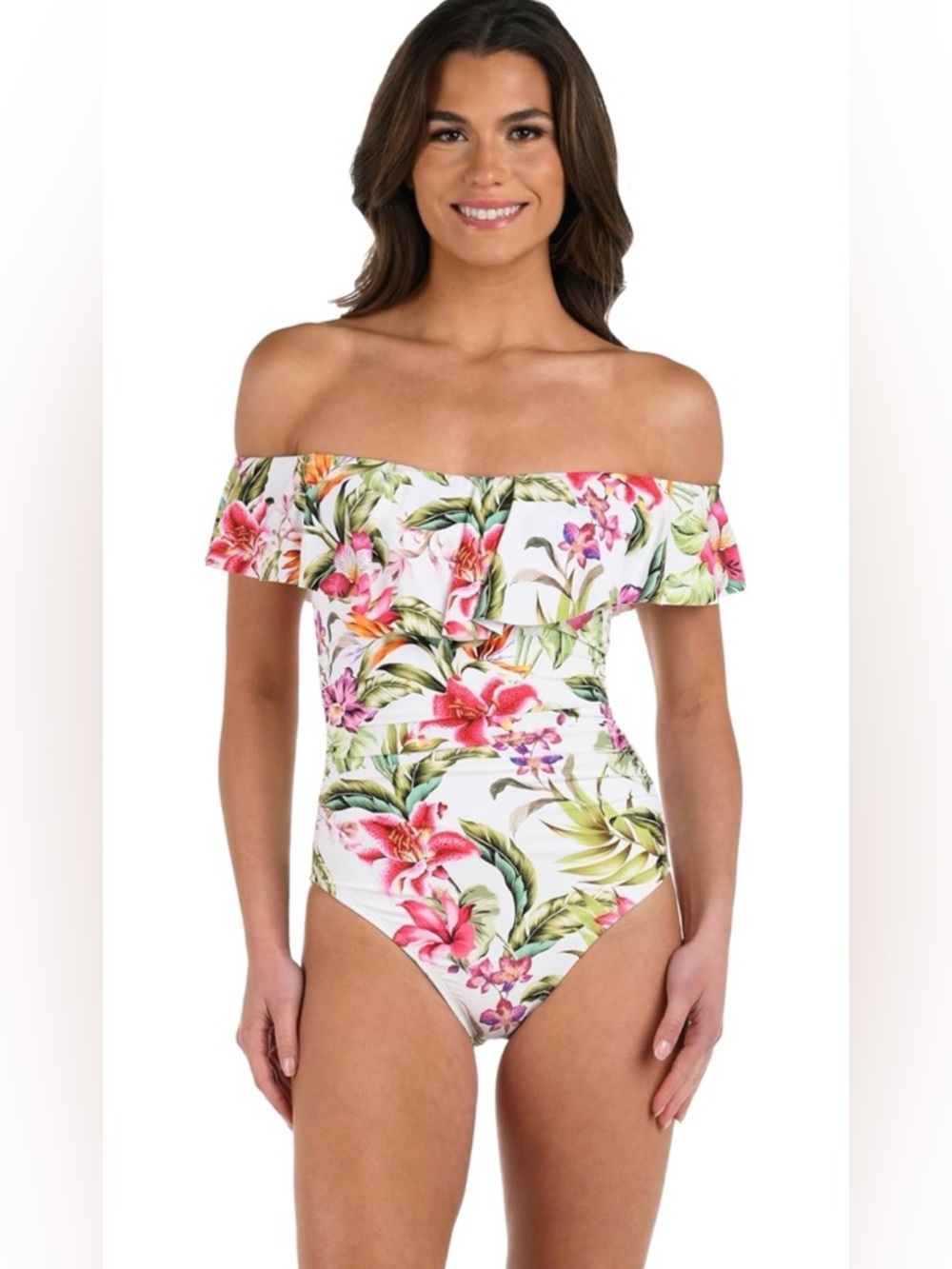 La Blanca Baby-girls Off Shoulder Ruffle One Piece Swimsuit Women swimwear Sz S